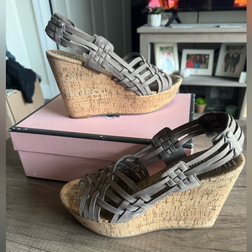 Juicy Couture, Kody Cork Gray Suede Wedges, US Women's 9.5
